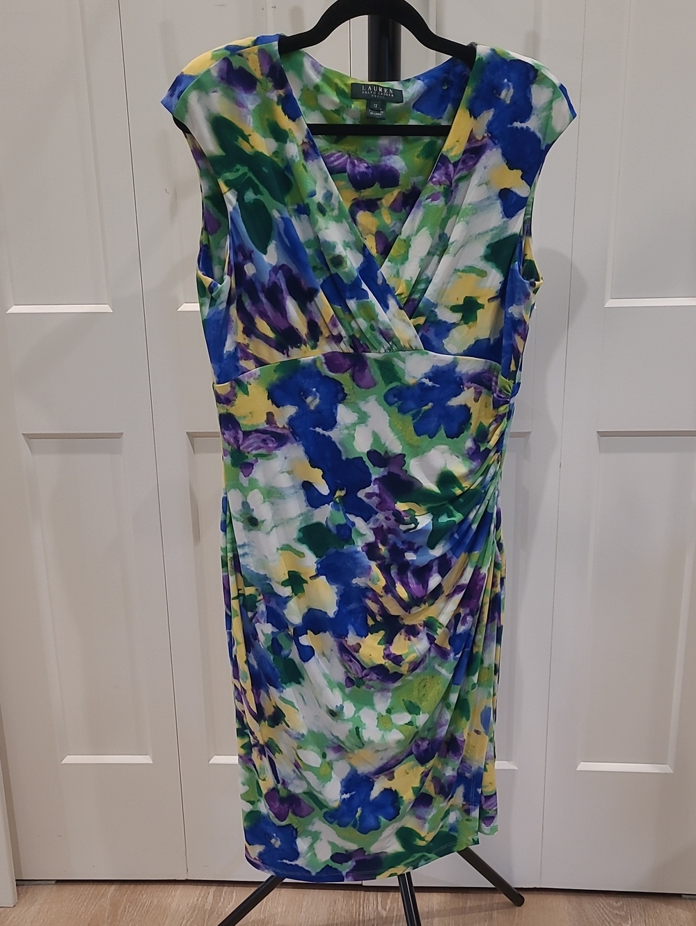 LAUREN Ralph Lauren Blue, Green, Purple & Yellow Watercolor Midi Sheath Dress